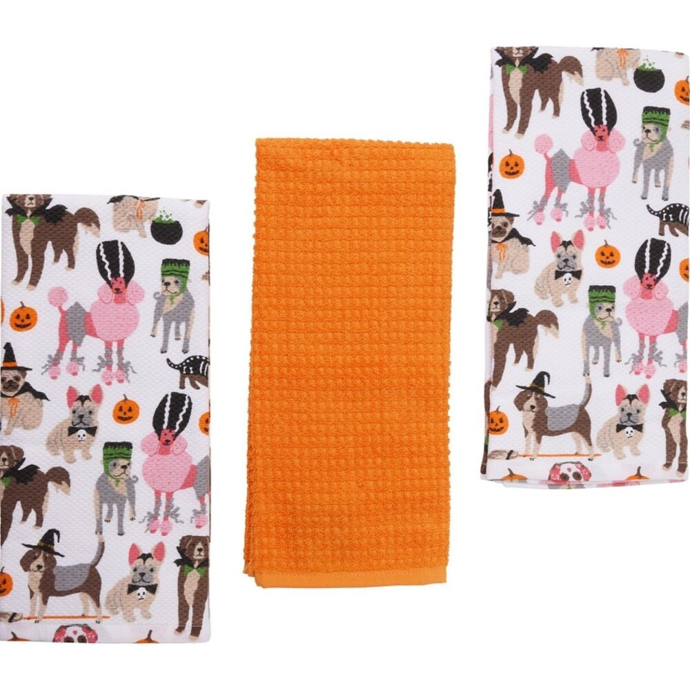 Set of 3 Different Jumbo Kitchen Towels(18"x28") DOGS IN HALLOWEEN COSTUMES,HWFA